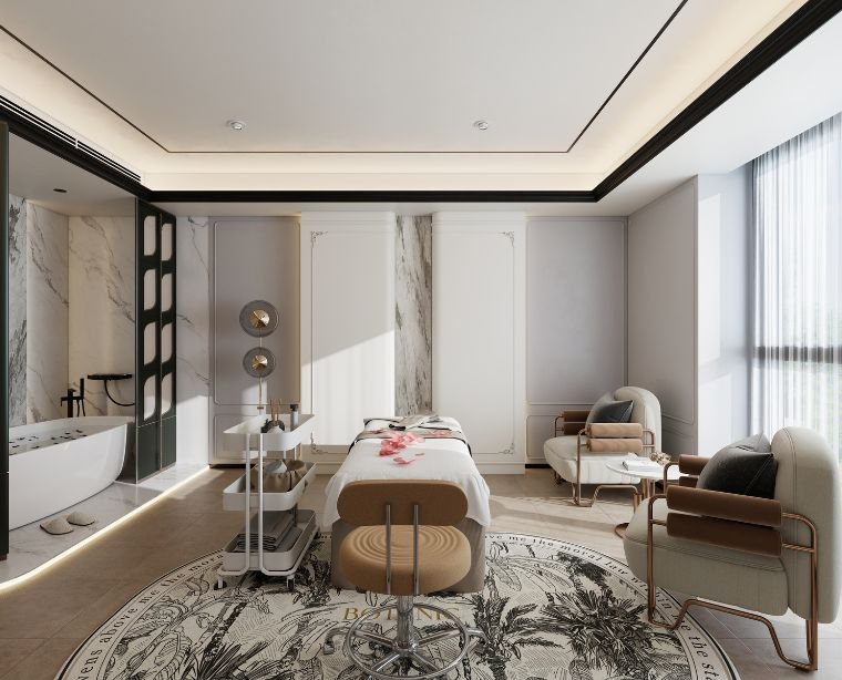 Private massage suite with treatment bed and ensuite bath at Young Spa Abu Dhabi